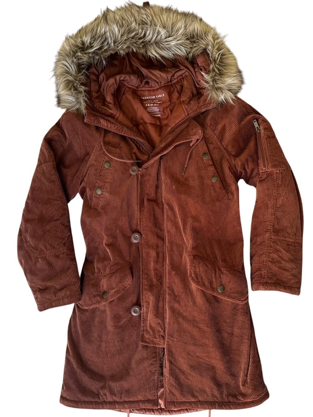 Corduroy American Eagle Faux Fur Trim Parka Coat Rust Brown XS Y2K